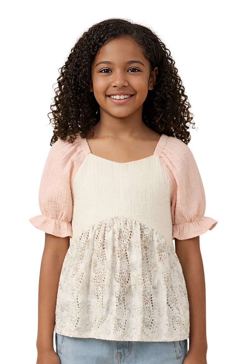 Kids' Colorblock Eyelet Puff Sleeve Top, Main, color, CREAM