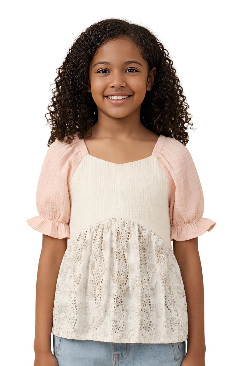 Hayden Girls Kids' Colorblock Eyelet Puff Sleeve Top, Main, color, Cream