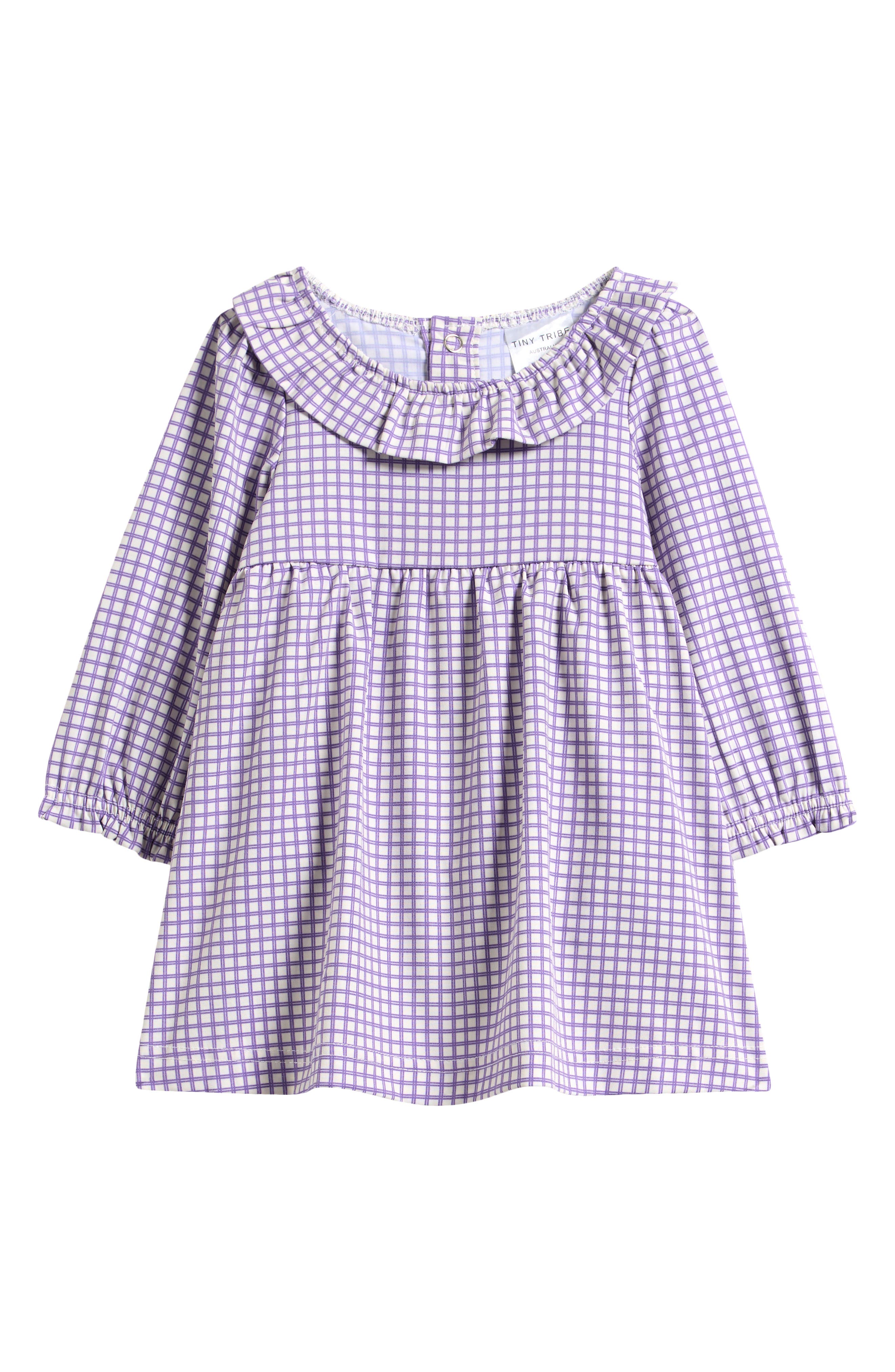TINY TRIBE Check Long Sleeve Frill Neck Dress