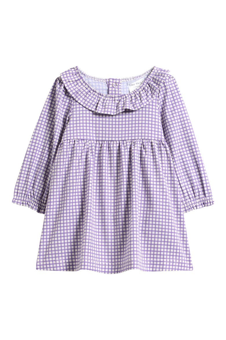 Check Long Sleeve Frill Neck Dress, Main, color, LILAC