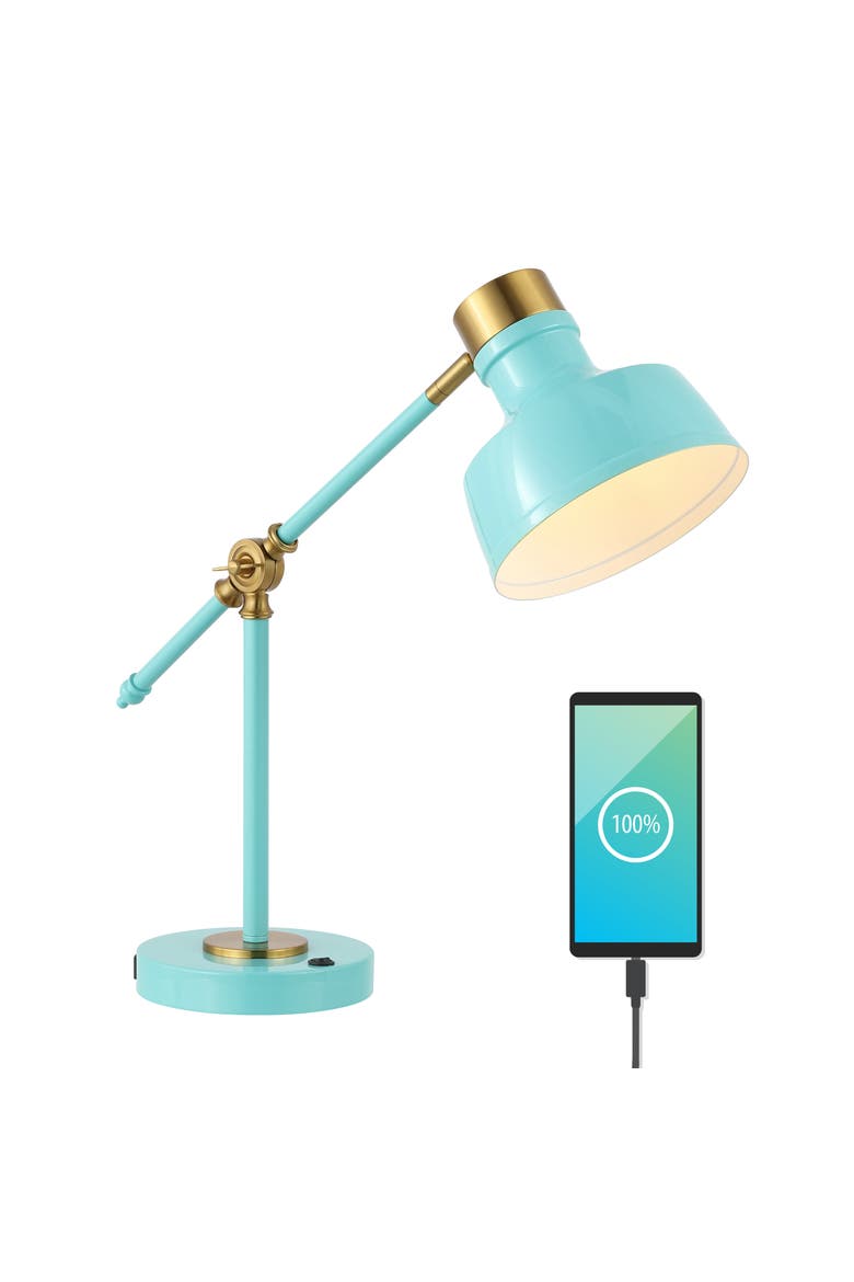 Allegra Classic Farmhouse Adjustable Cantilever LED Task Lamp with USB Charging Port, Main, color, Cyan/Brass Gold
