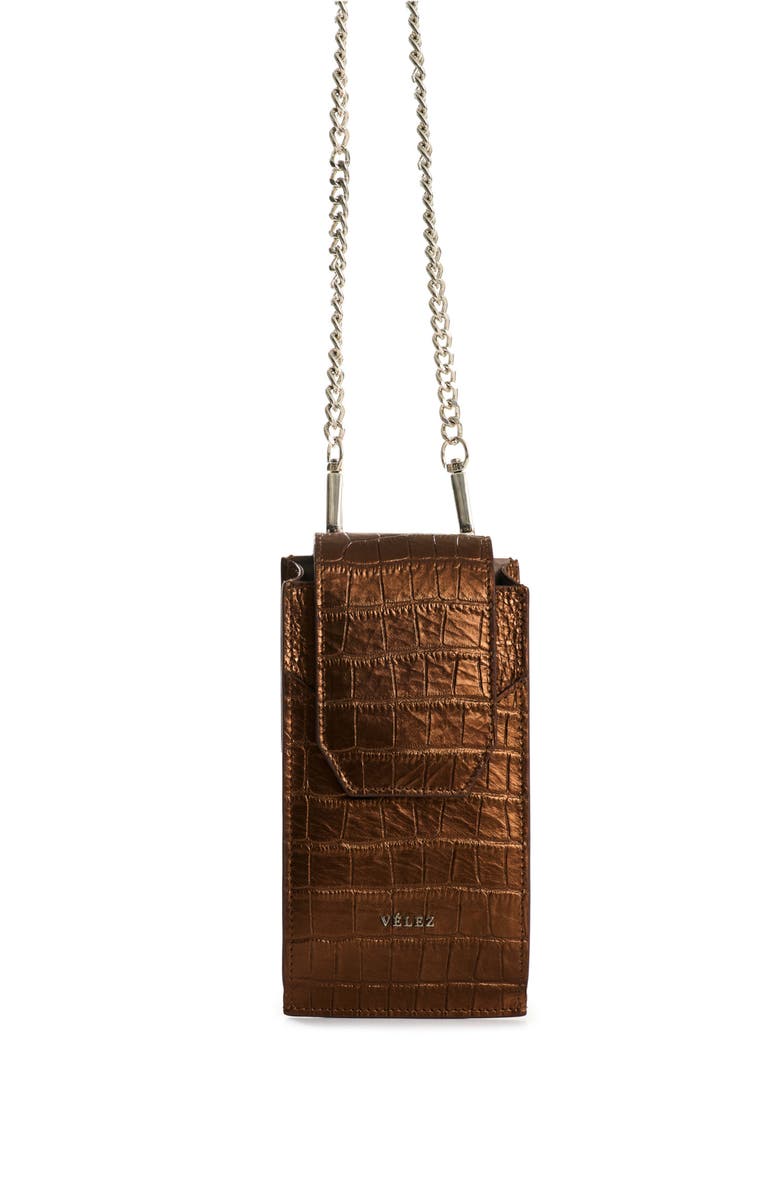 Velez Embossed Leather Phone Holder, Main, color, Bronze