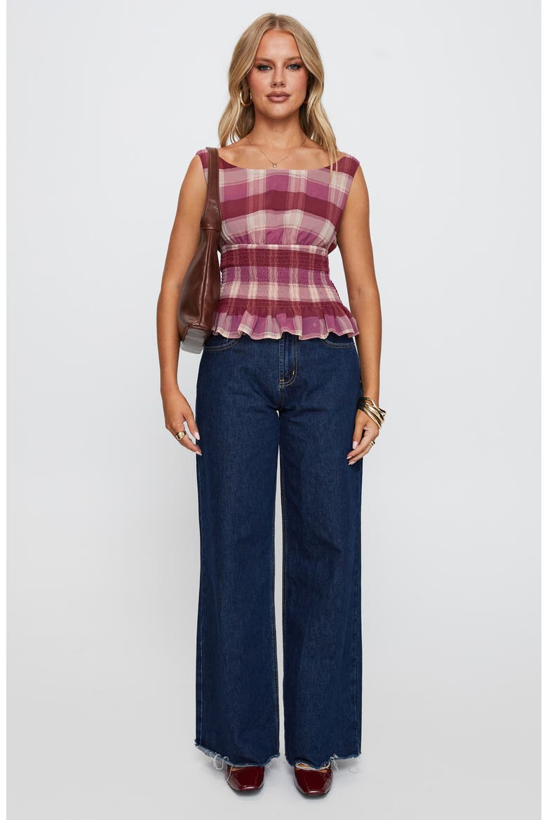 Honey Plaid Smocked Waist Peplum Top, Alternate, color, PINK CHECK