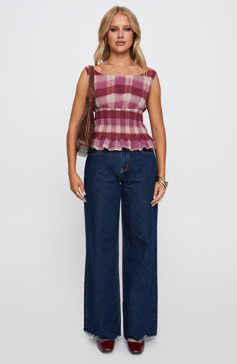 Princess Polly Honey Plaid Smocked Waist Peplum Top, Alternate, color, Pink Check