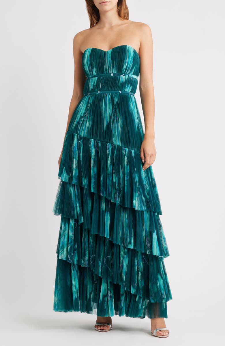 Hutch Strapless Tiered Tulle Gown, Main, color, Teal Bloom