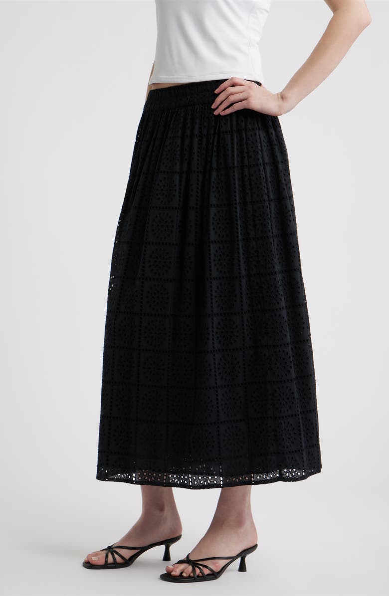 Rails Dax Cotton Eyelet Midi Skirt, Alternate, color, Black Grid Embroidery