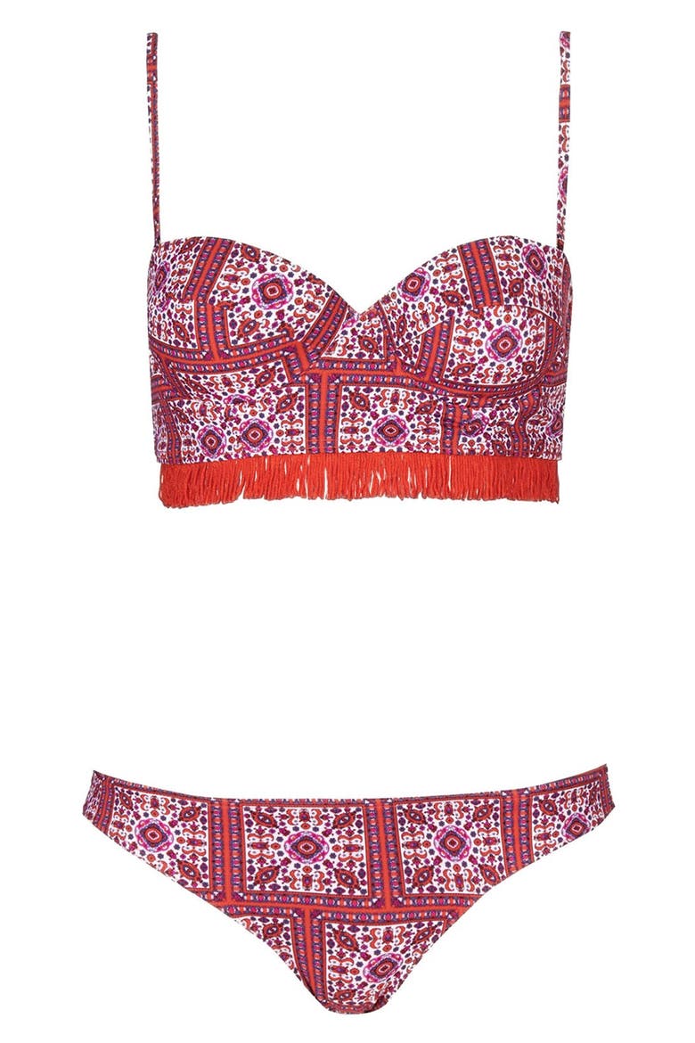 Tile Print Fringed Bikini, Main, color, WHITE