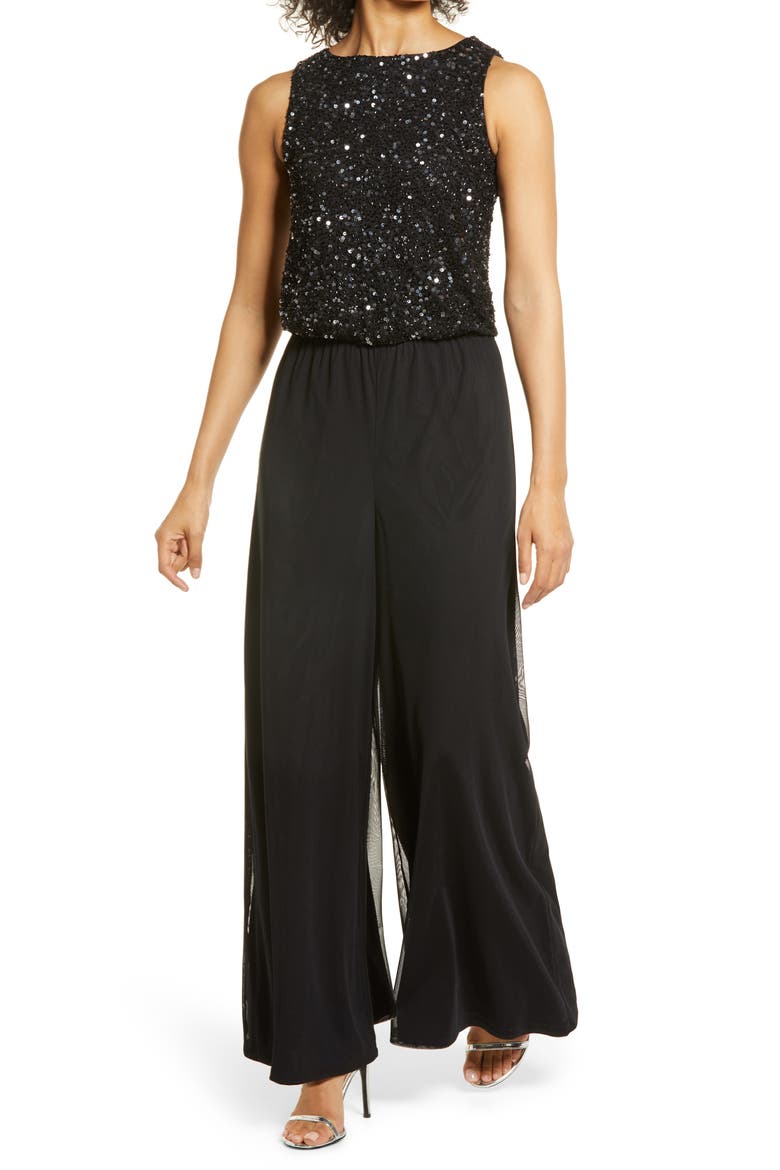 Sequin Wide Leg Jumpsuit, Main, color, BLACK