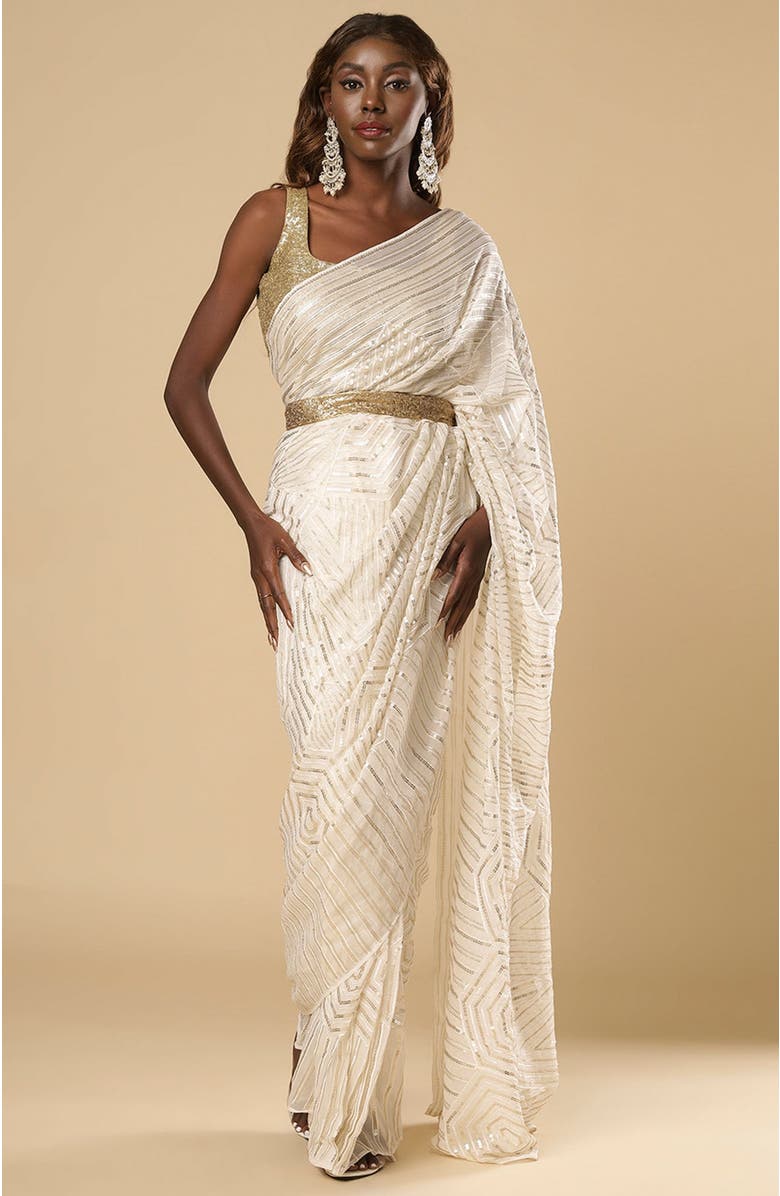 One Minute Saree<sup>®</sup> Charlize Luxe Cream Geometric Sequins Georgette Ready to Wear Saree, Main, color,
