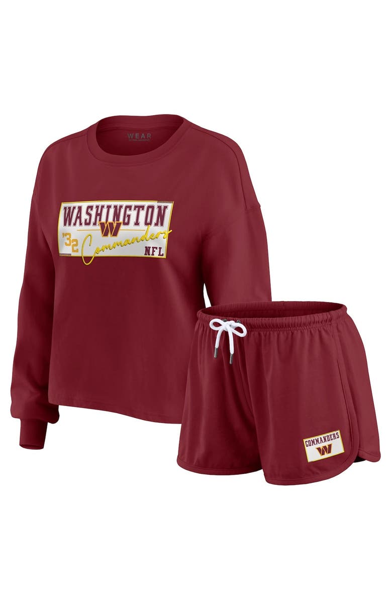 WEAR by Erin Andrews Women's WEAR by Erin Andrews Burgundy Washington Commanders Heavy Rugby Jersey Long Sleeve T-Shirt & Shorts Lounge Set, Main, color, 