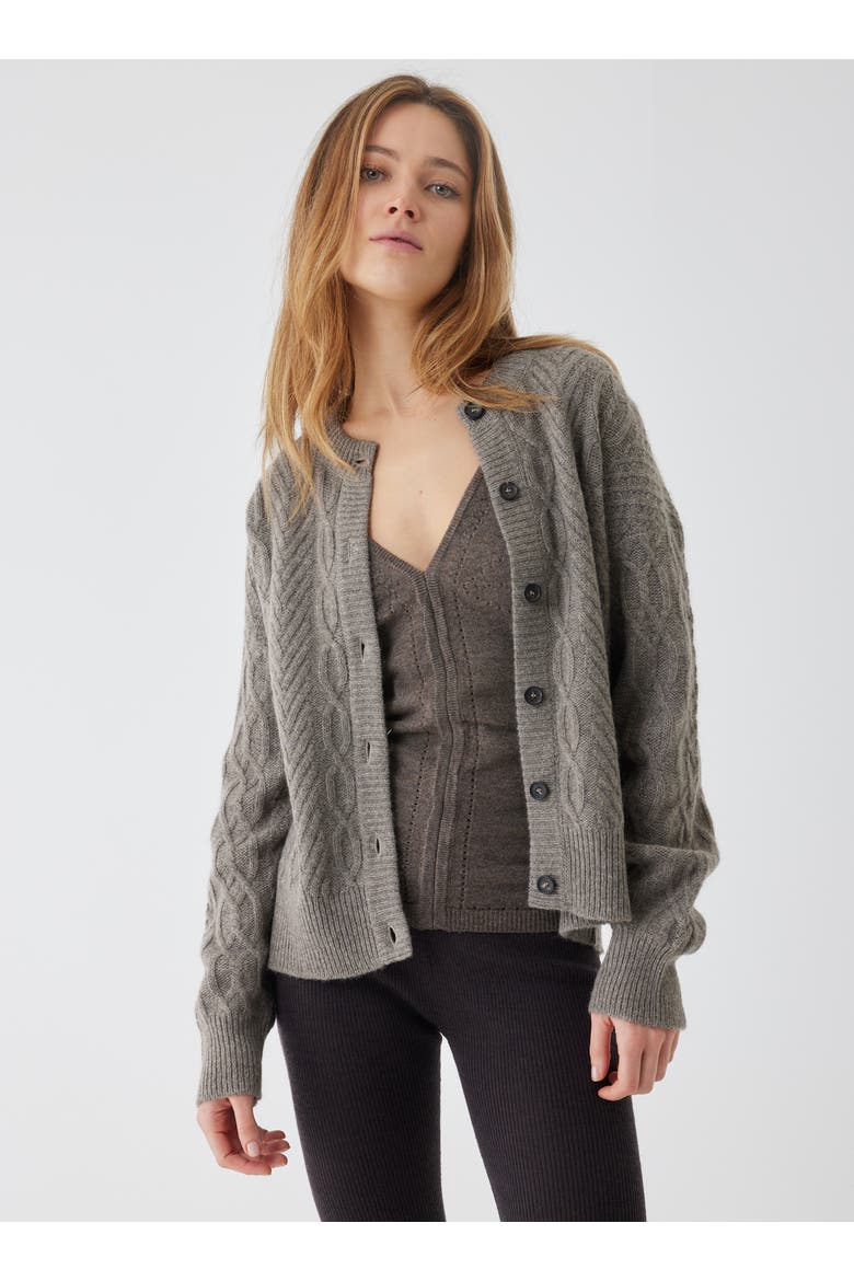 Yak Wool Cable Long Sleeve Crewneck Cardigan, Alternate, color, SMOKE