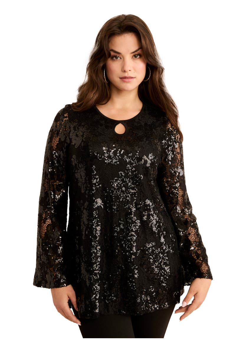 Sequin Keyhole Blouse, Main, color, BLACK