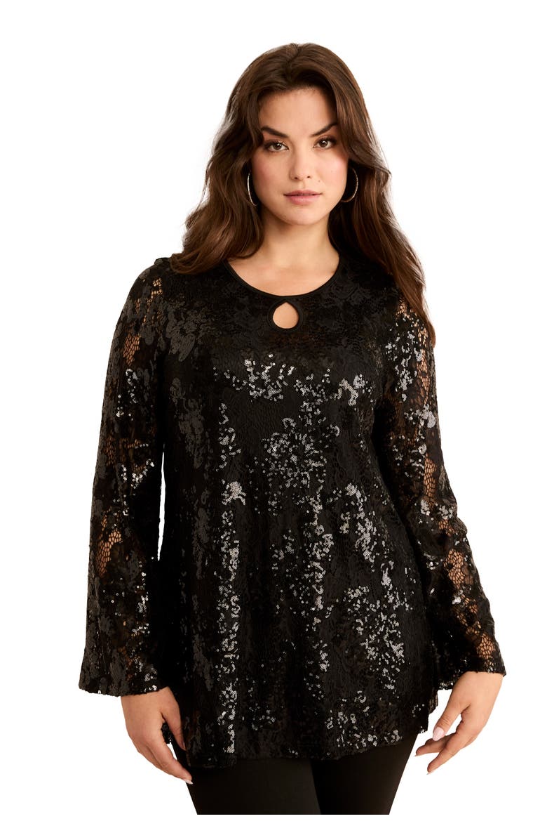 Roaman's Sequin Keyhole Blouse, Main, color, Black