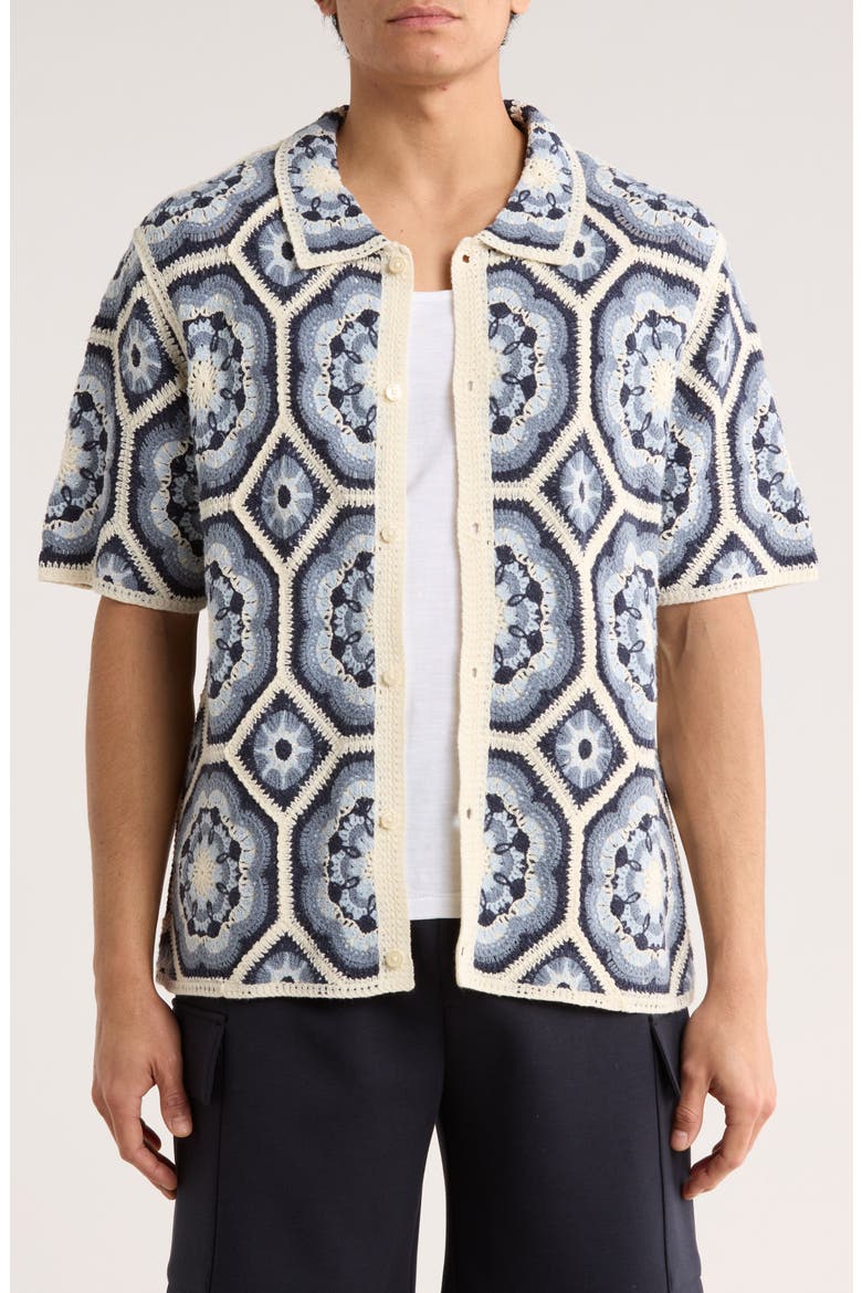 Crochet Button-Up Shirt, Main, color, BLUE COMBO