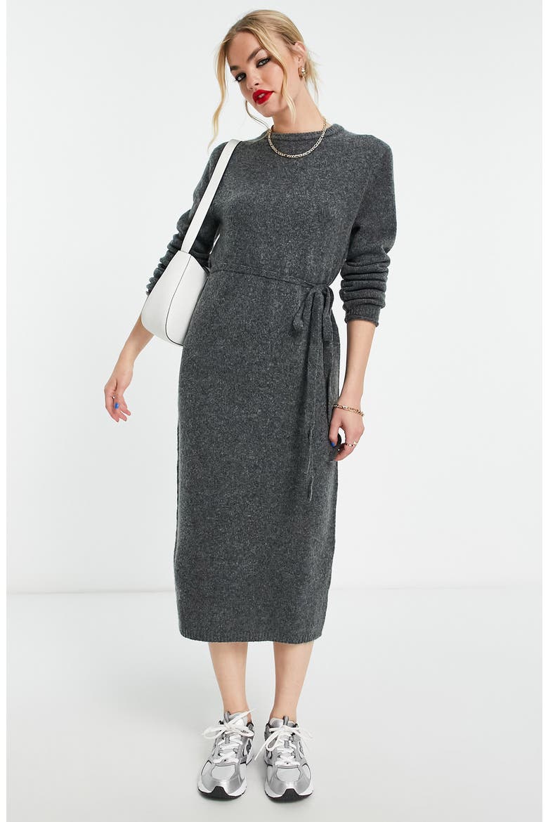 Tie Waist Long Sleeve Midi Sweater Dress, Main, color, CHARCOAL