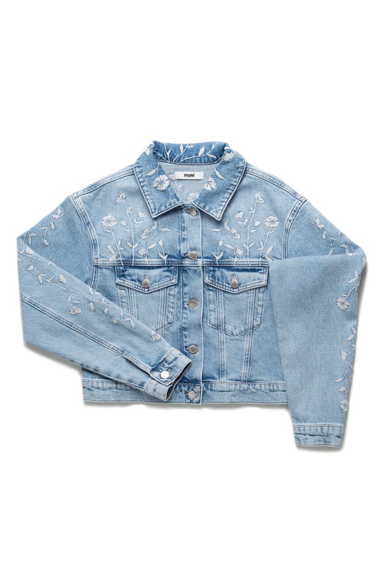 Mavi Jeans Harmony Floral Embroidered Crop Denim Jacket, Alternate, color, Light Blue Bloom Denim