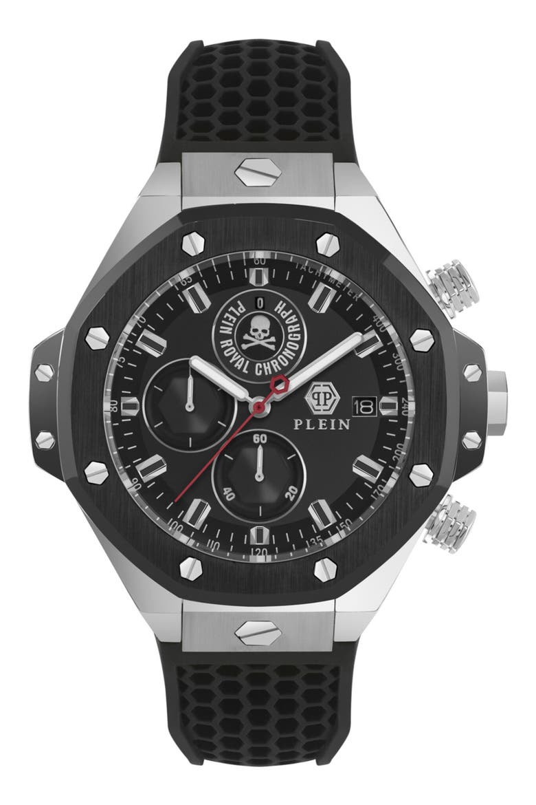 Plein Chrono Royal Chronograph Silicone Strap Watch, Main, color, BLACK