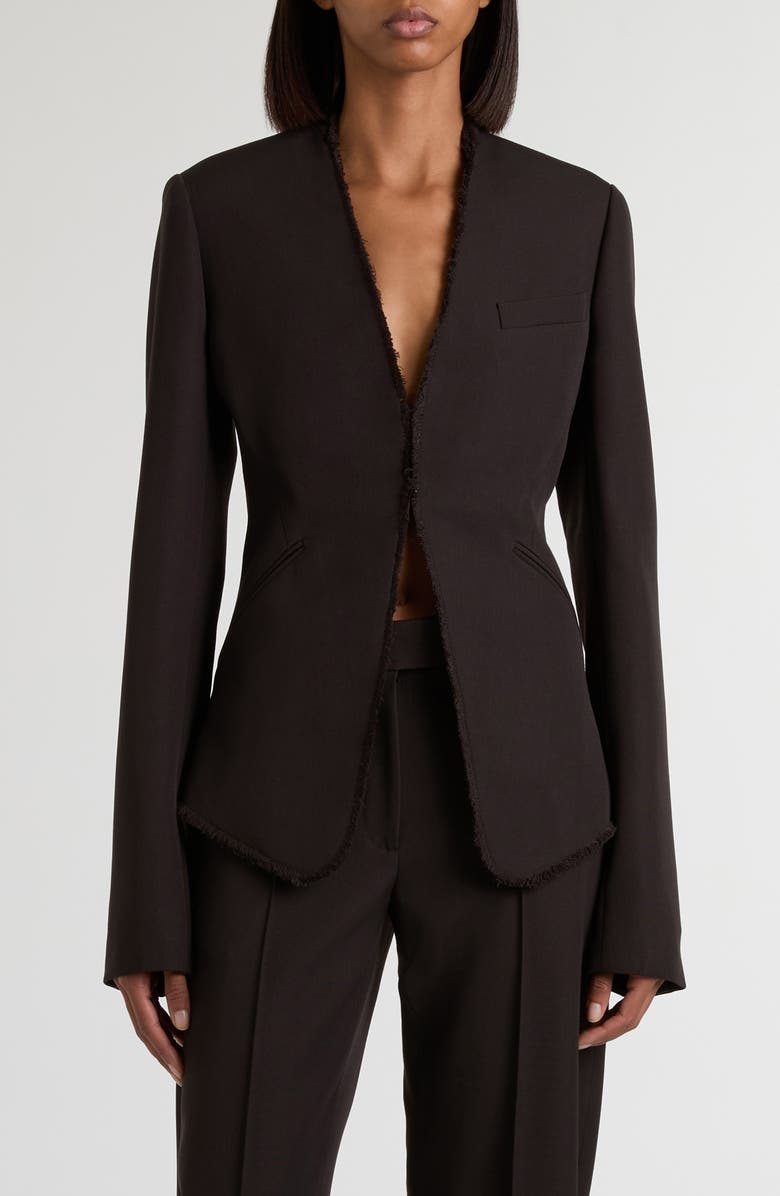 McQueen Raw Edge Wool Canvas Peplum Blazer, Main, color, Dark Brown