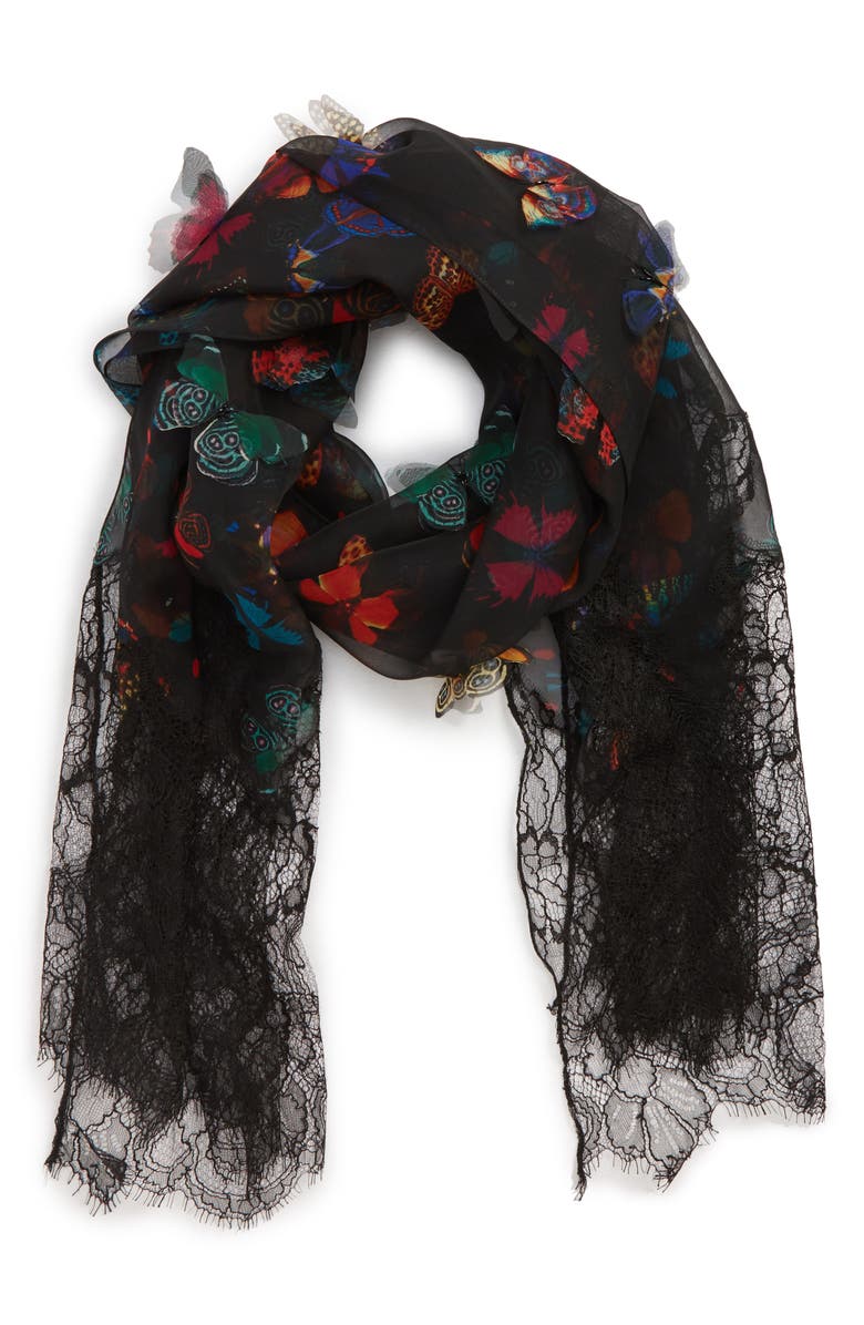 Valentino Garavani Embroidered Butterfly Lace Silk Scarf, Alternate, color, 