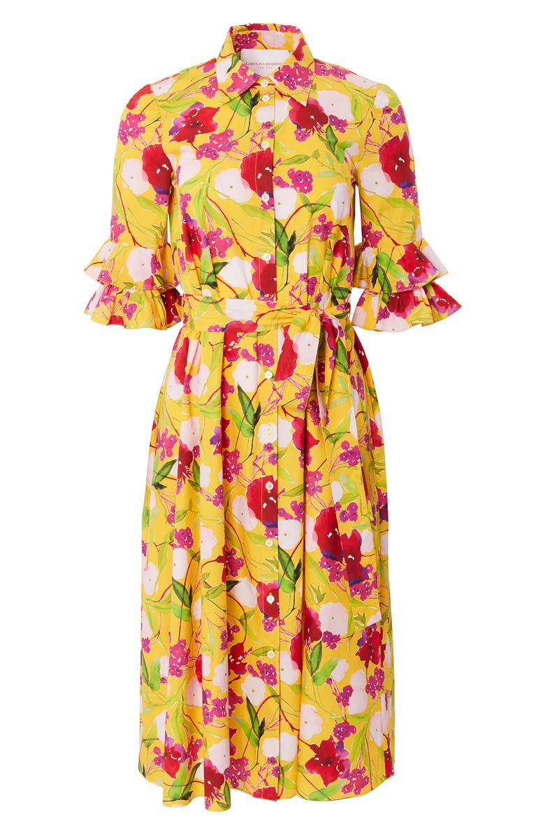 Carolina Herrera Floral Print Ruffle Cuff Cotton Shirtdress, Alternate, color, Taxi Cab Multi