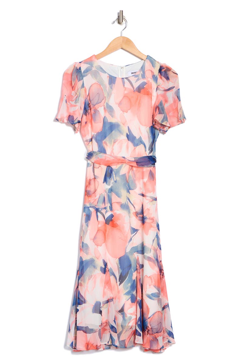 DKNY Floral Short Sleeve Godet Chiffon Midi Dress, Alternate, color, 