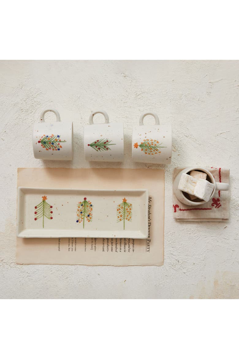 Speckled Hand-Painted Stoneware Platter with Christmas Trees, Main, color, Multicolor