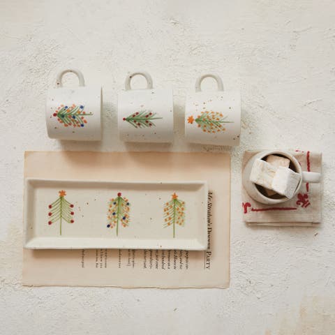 Speckled Hand-Painted Stoneware Platter with Christmas Trees