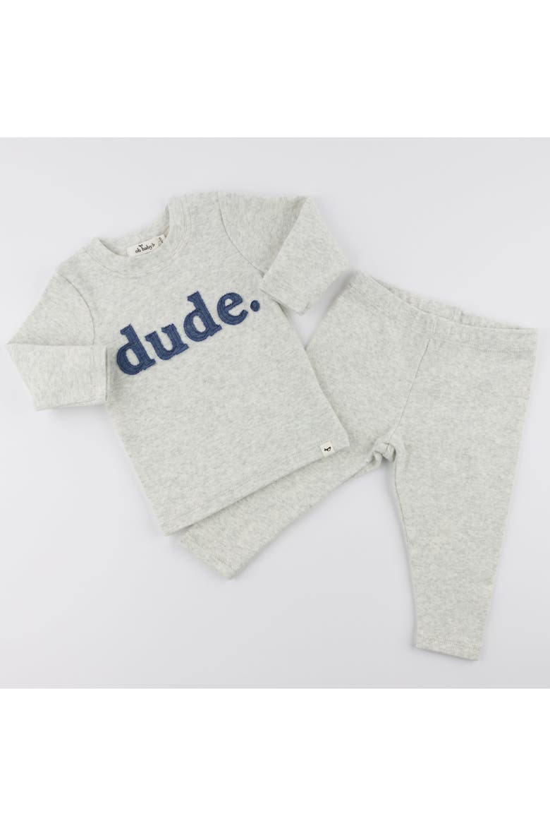 Denim "dude" Ribbed Applique Long Sleeve Two Piece Set, Alternate, color, Heather Grey