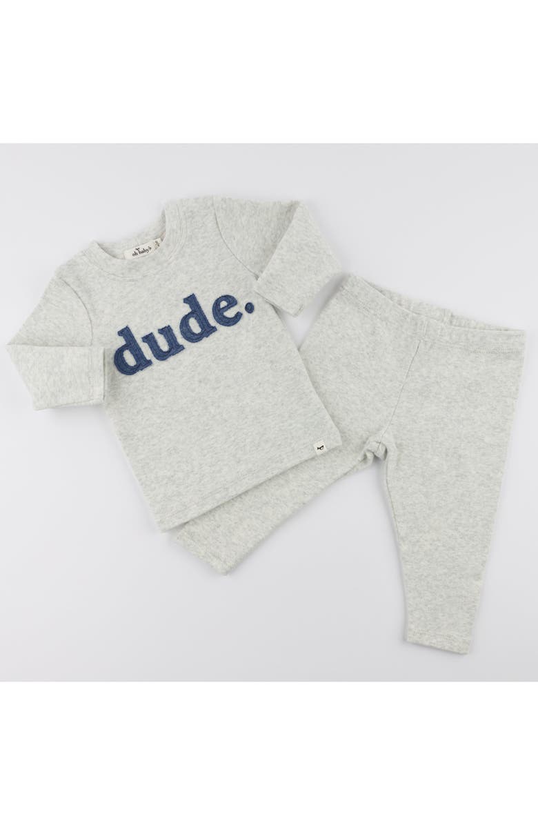 oh baby! Denim "dude" Ribbed Applique Long Sleeve Two Piece Set, Alternate, color, Heather Grey