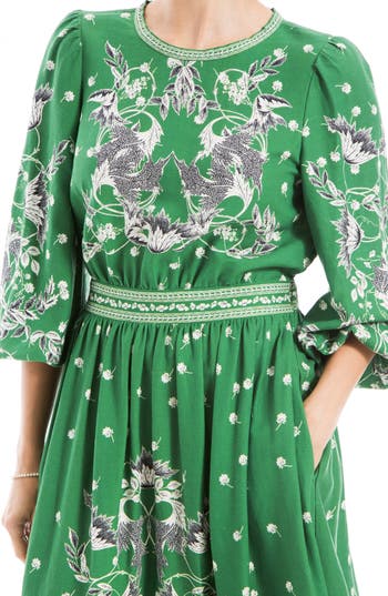 Max Studio Floral Balloon Sleeve Maxi Dress In Green/cream Floral Swirls