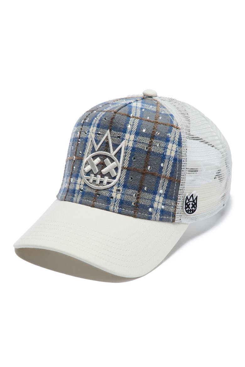 Shimuchan Logo Plaid Flannel Trucker Hat, Main, color, BLUE PLAID