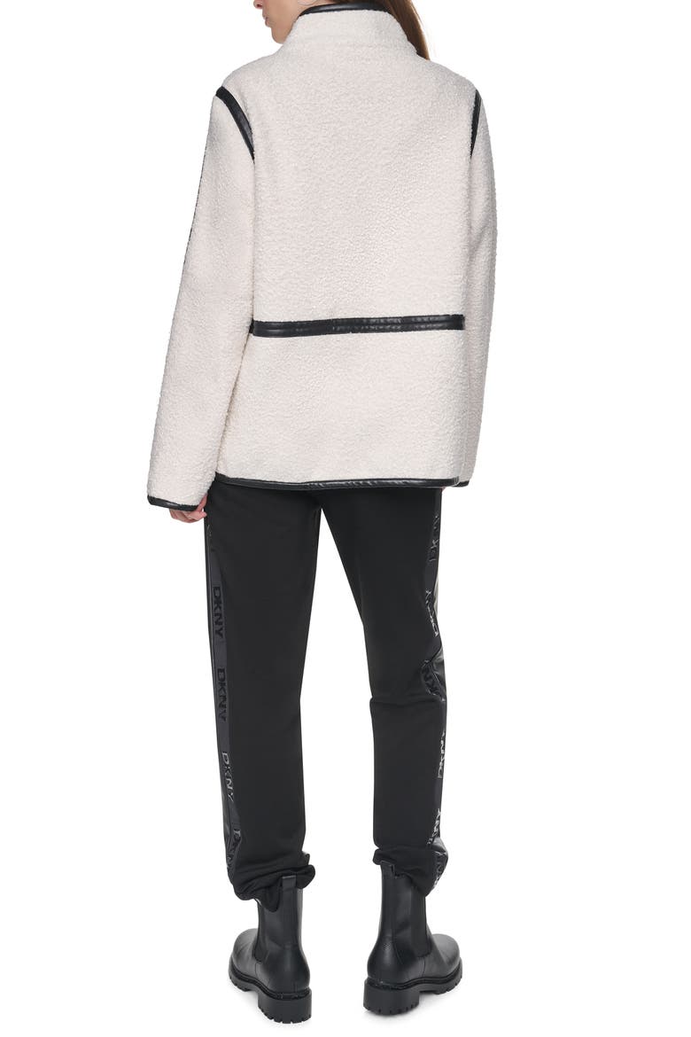 Faux Leather Trim High Pile Fleece Jacket, Alternate, color, IVORY/ BLACK