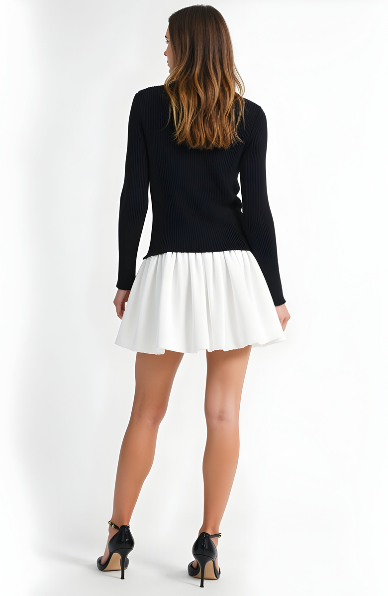 Modenaire Knit and Woven Fit-and-Flare Mini Dress with Ribbed Long Sleeve Top, Alternate, color, Black / White