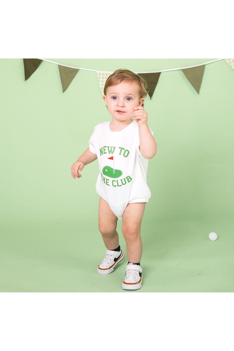 New To The Club Patch Short Sleeve Romper, Alternate, color, Natural