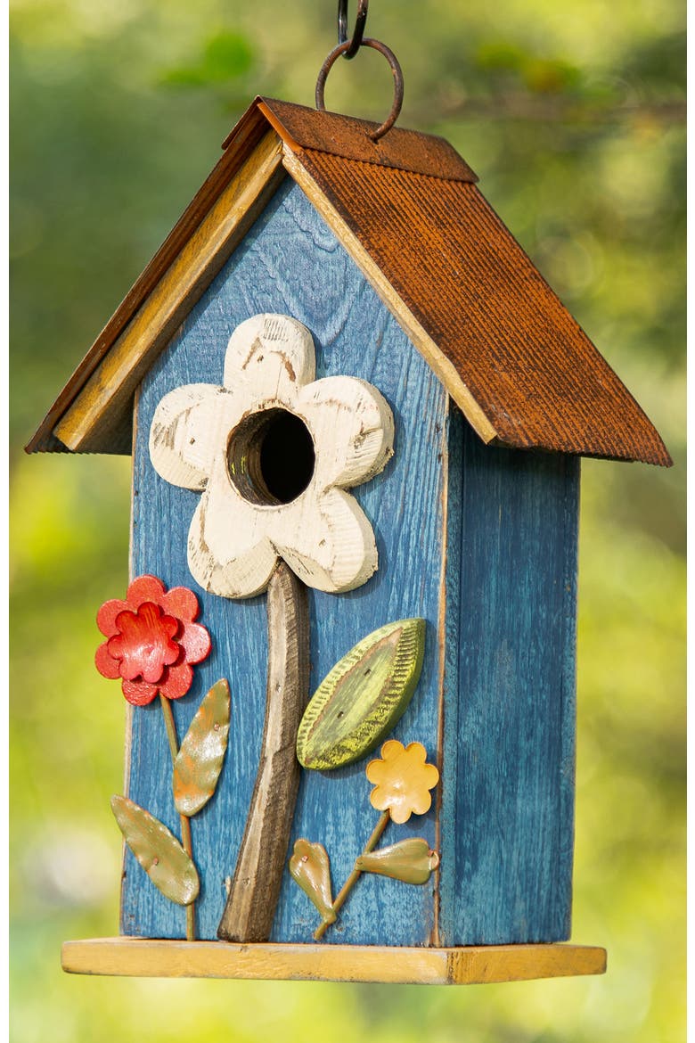 10"H Multicolor Cute Distressed Solid Wood Birdhouse with 3D Flowers, Alternate, color, Blue