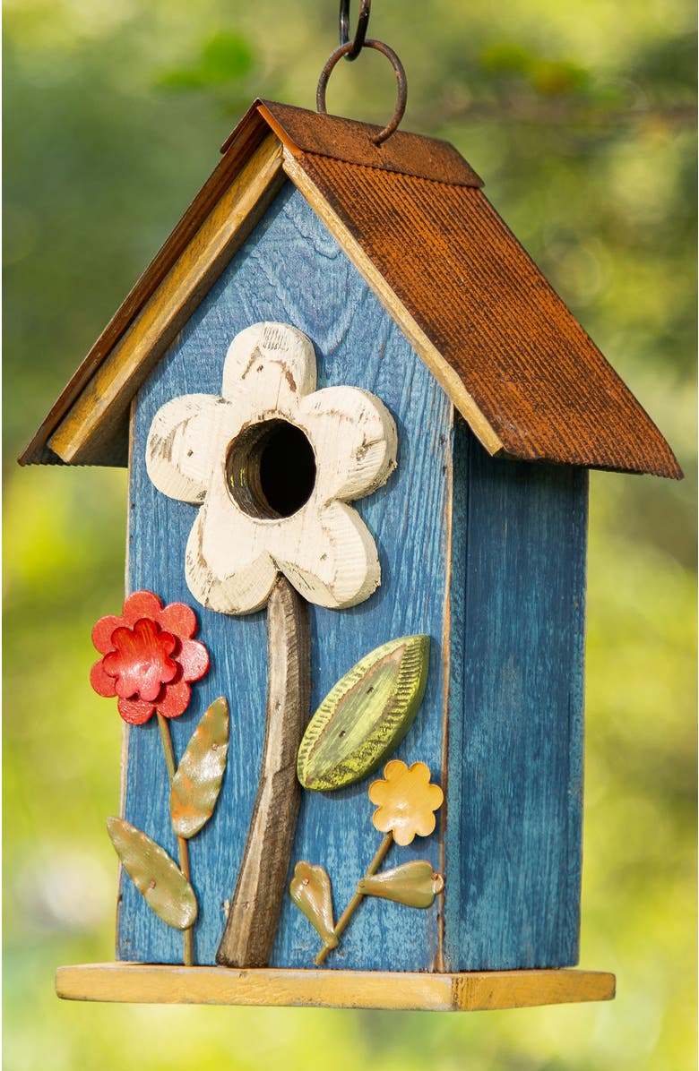 Glitzhome 10"H Multicolor Cute Distressed Solid Wood Birdhouse with 3D Flowers, Alternate, color, Blue