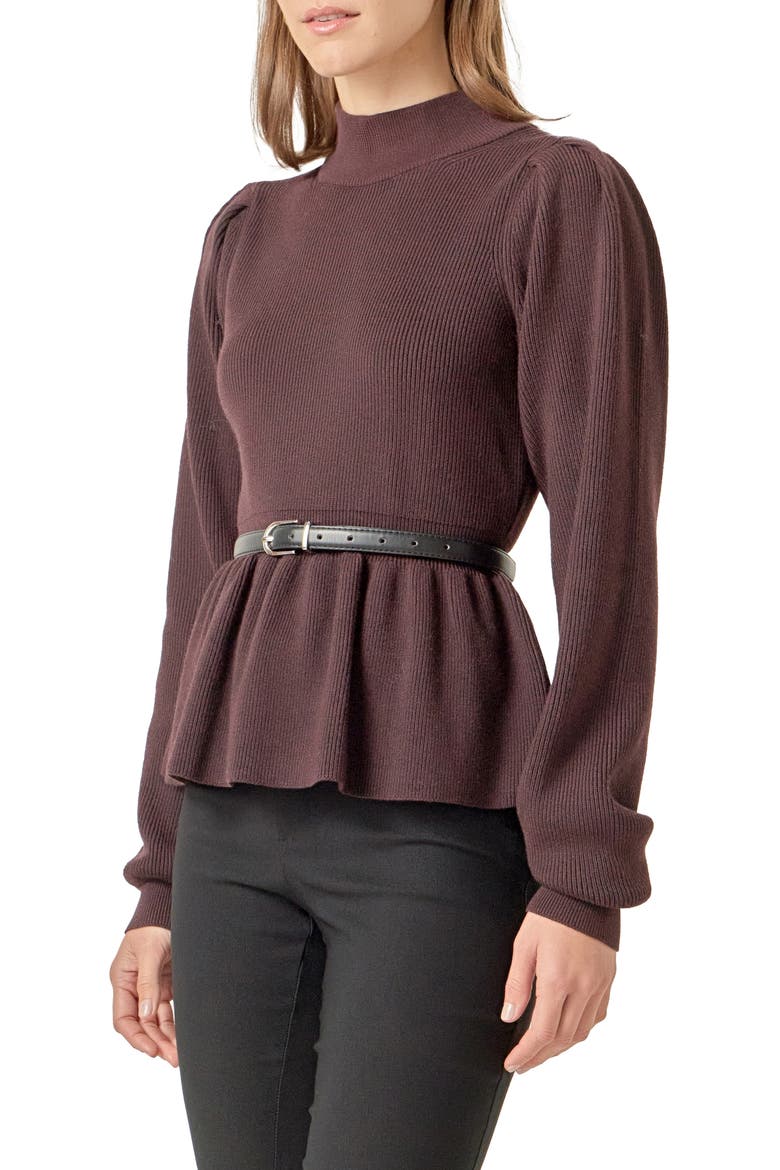 Mock Neck Peplum Rib Sweater, Alternate, color, CHOCOLATE BROWN