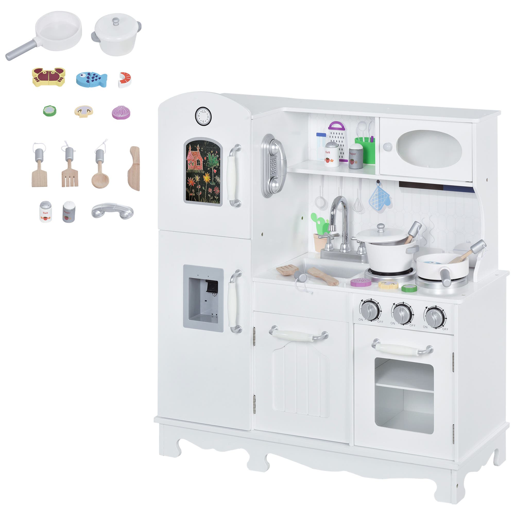 Qaba Large Kids Kitchen Playset With Telephone, Water Dispenser​ in White; 
