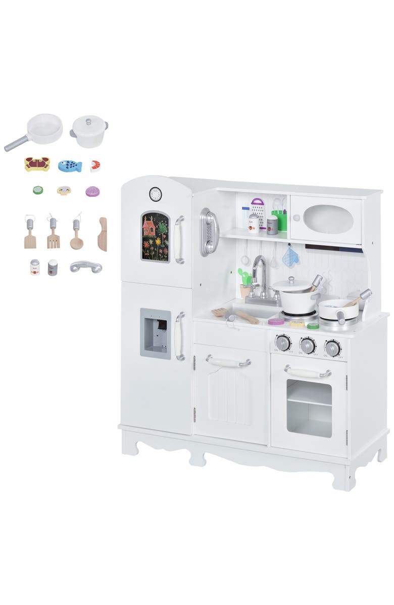 Qaba Large Kids Kitchen Playset With Telephone, Water Dispenser​, Main, color, White;