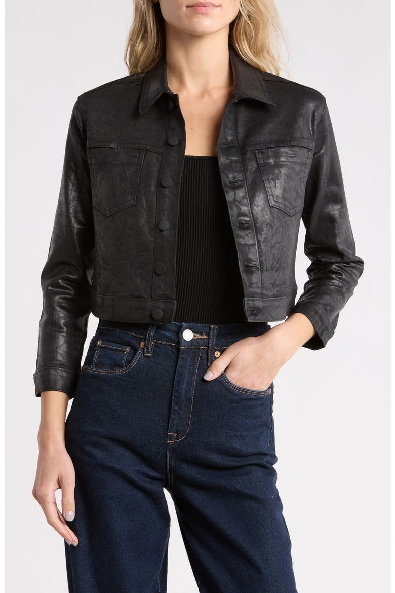 Alma Cropped Coated Trucker Jacket, Main, color, BLACK CRACKLE COATED