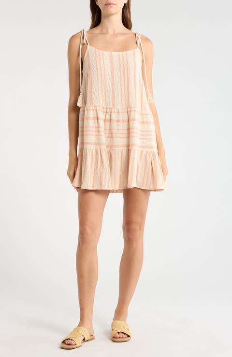 Stripe Tie Shoulder Cotton Cover-Up Dress