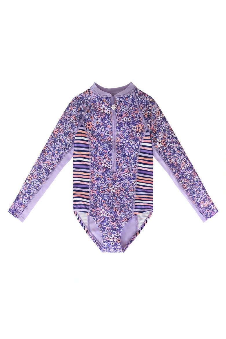 Long Sleeve Half Zip Swim Suit, Main, color, Lavender Fields