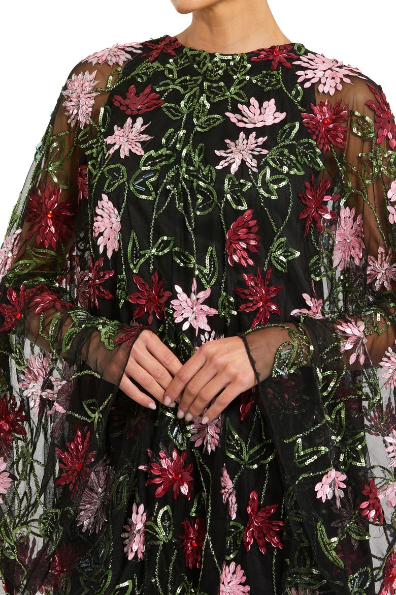 Floral Beaded Mesh Shawl Mini Dress, Alternate, color, Black Multi