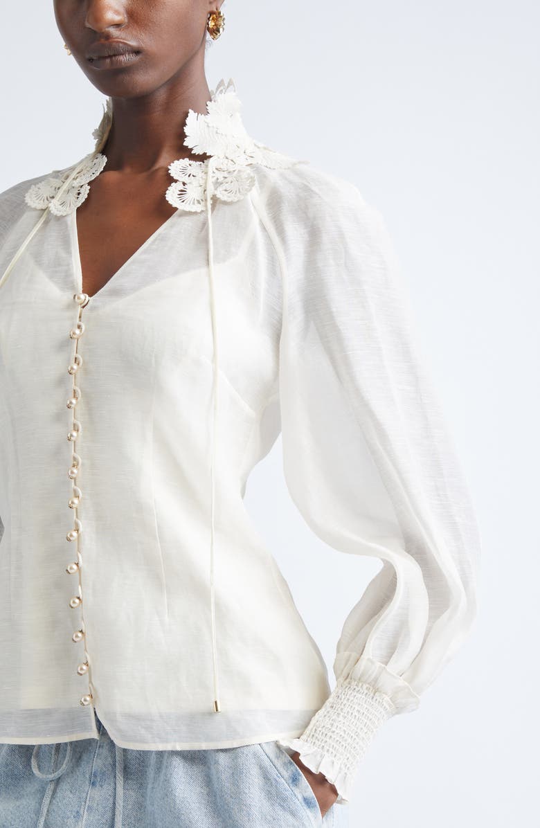 Zimmermann Rebellion Lace Trim Linen & Silk Shirt, Alternate, color, Cream