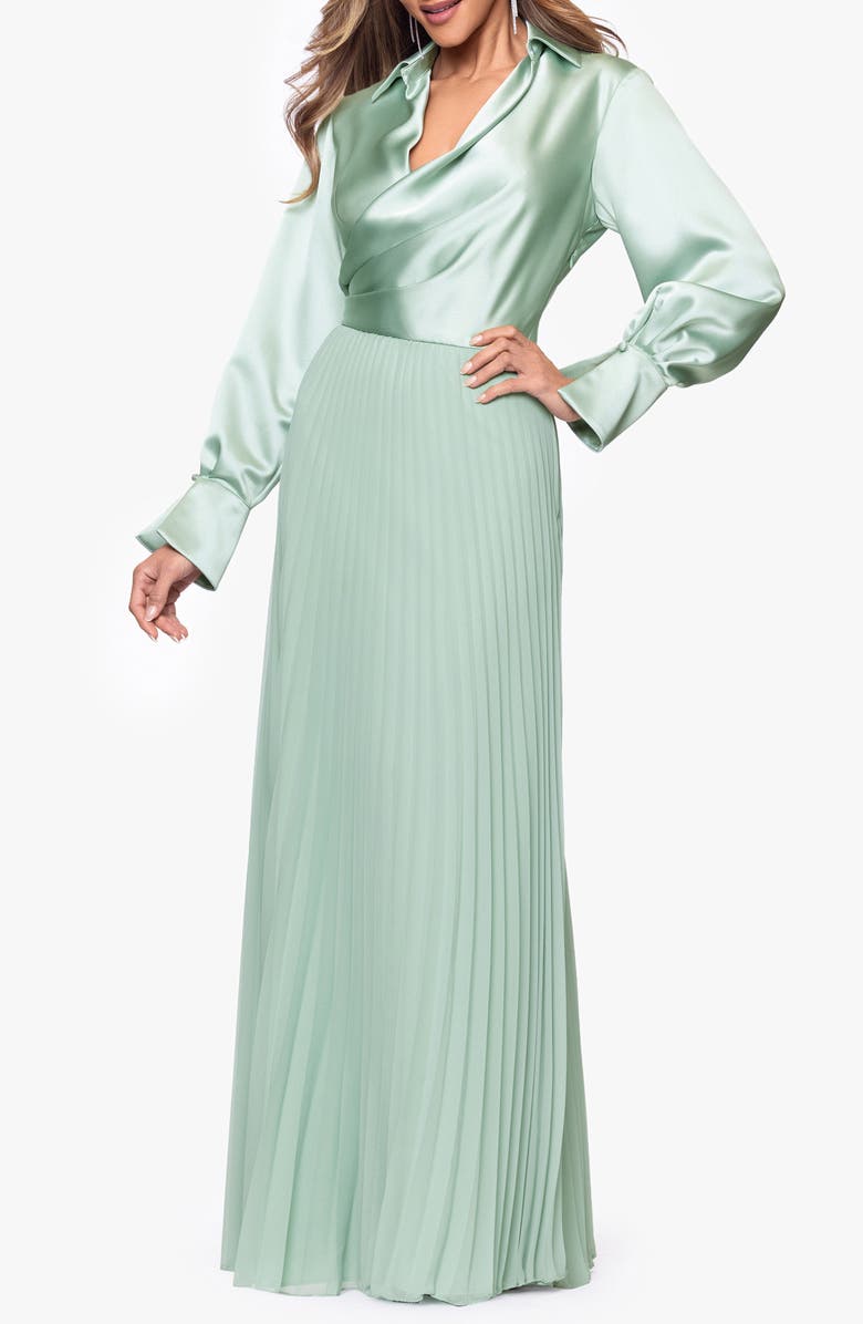 Xscape Evenings Pleated Satin Long Sleeve Gown, Alternate, color, Sage