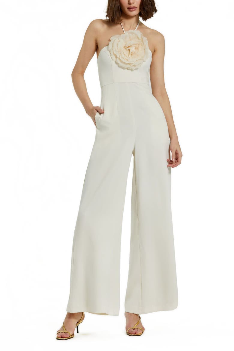 Crepe Halter Neck Flower Detail Jumpsuit, Main, color, Ivory
