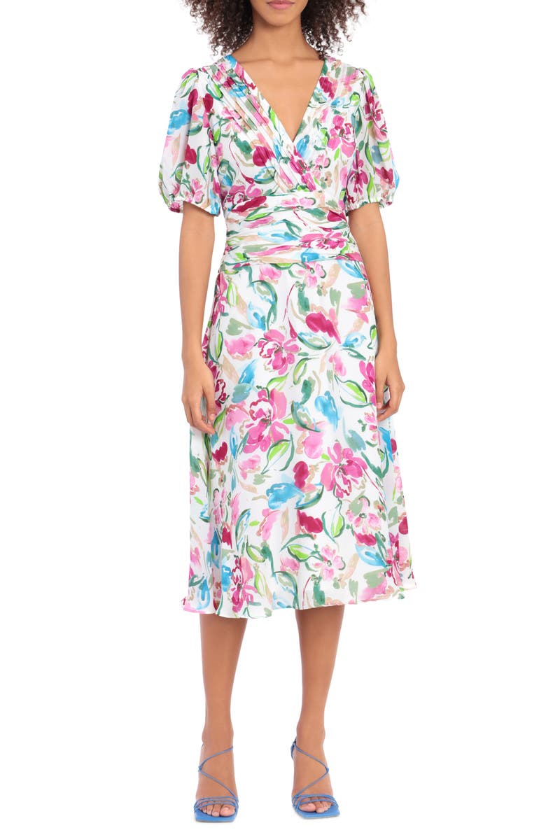 Maggy London Pintuck Floral Print Midi Dress, Main, color,
