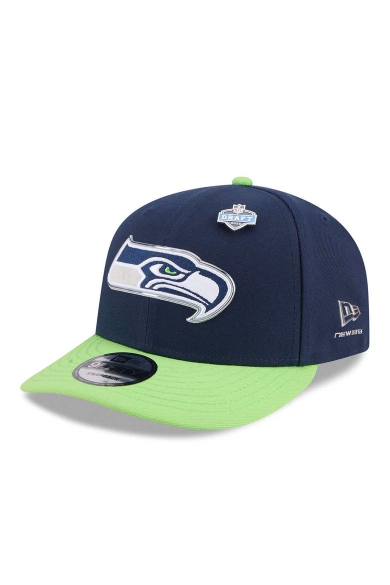 Men's New Era  College Navy/Neon Green Seattle Seahawks 2026 NFL Draft On Stage Pre-Curved 9FIFTY Snapback Hat, Main, color, College Navy