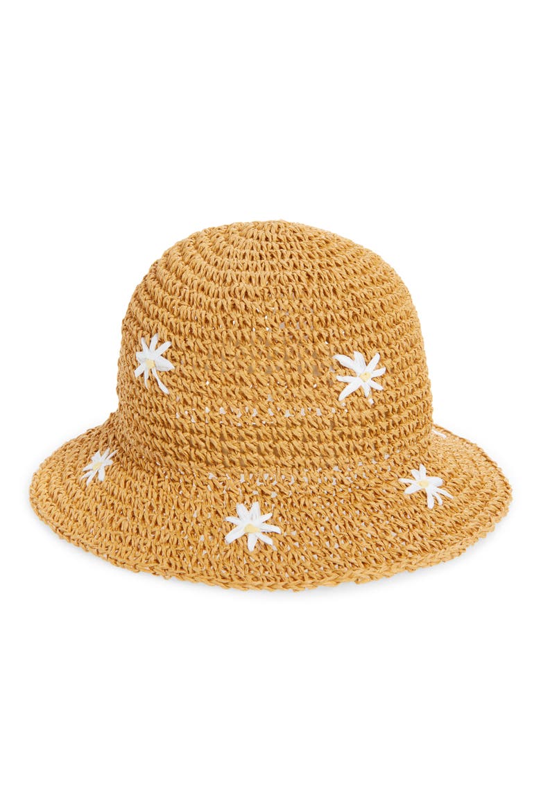 Flower Appliqué Straw Bucket Hat, Main, color, NATURAL