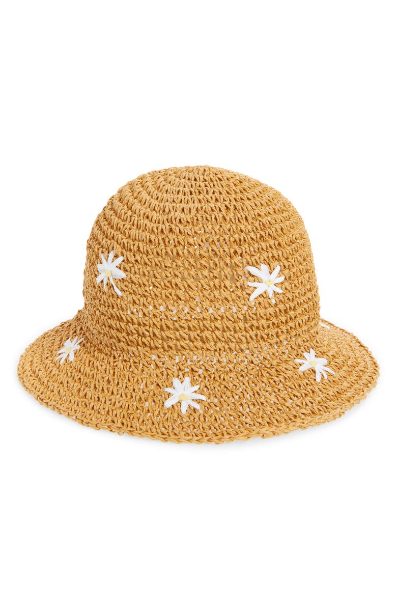 Ruby & Ry Flower Appliqué Straw Bucket Hat, Main, color, Natural